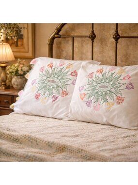 Vintage Floral Embroidered Pillowcases Set of 2 Cottagecore Farmhouse Gardencore